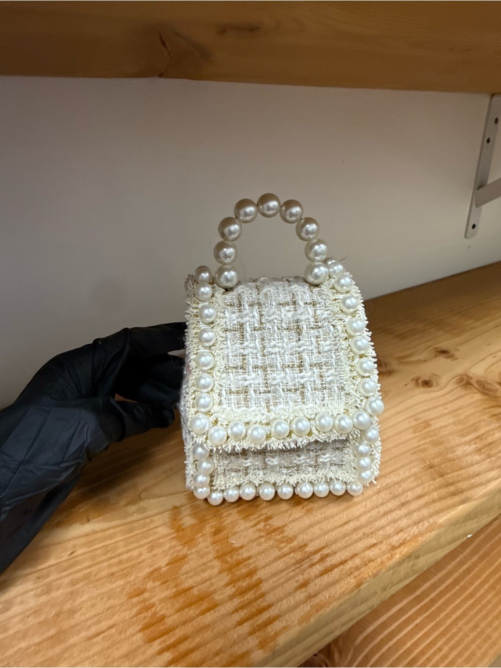 Pearl-Trim Tweed Mini Top-Handle Bag - Cream